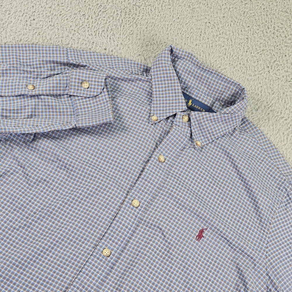 Ralph Lauren Shirt Mens Medium Blue Check Button Down Long Sleeve Pony Logo